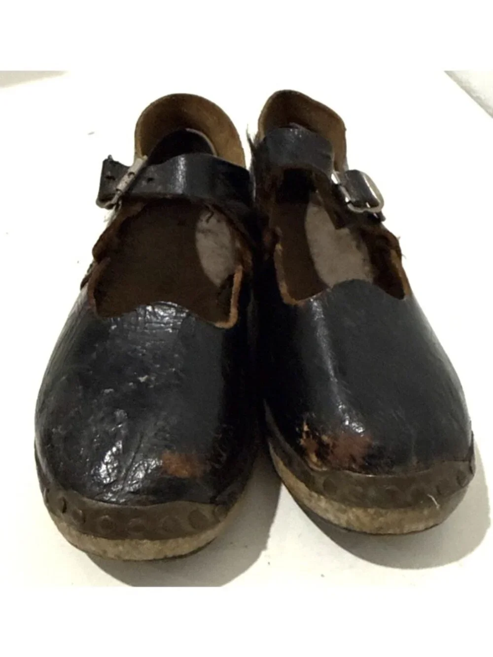 Antique Victorian Handmade Black Leather Wood Mary Jane Child Clogs Shoes Size 8